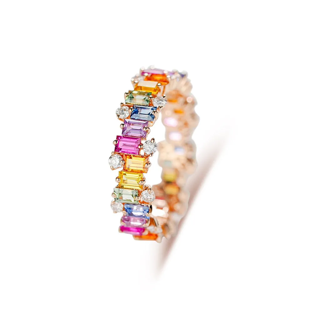 18k Gold Custom Emerald Cut Piano Rainbow Ring
