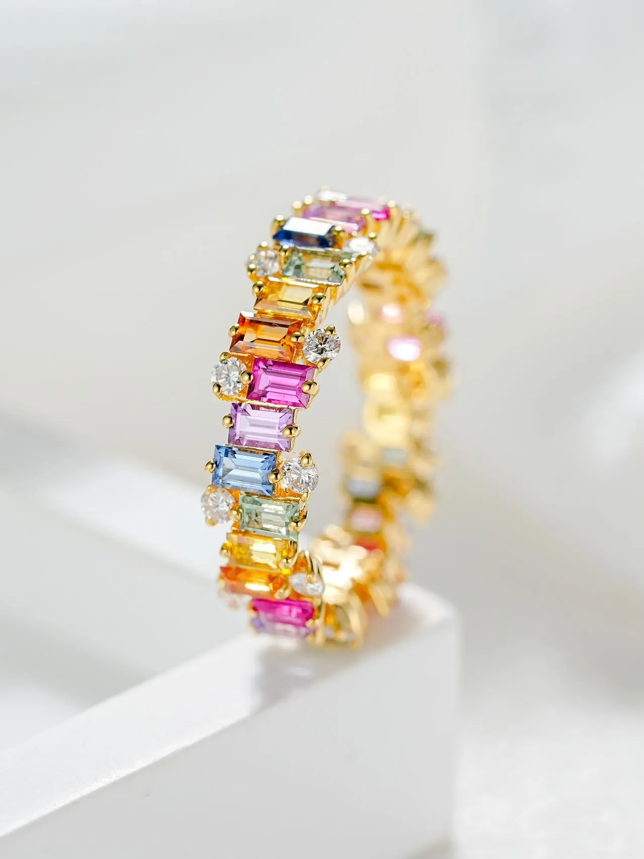 18k Gold Custom Emerald Cut Piano Rainbow Ring