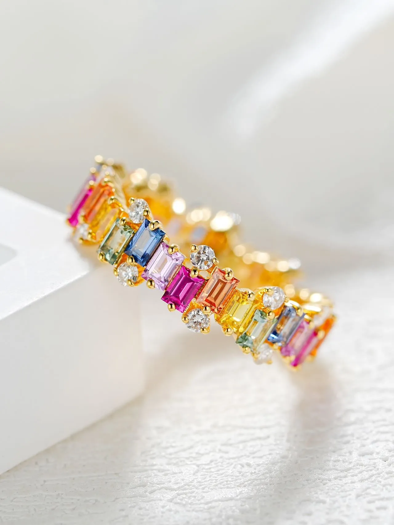 18k Gold Custom Emerald Cut Piano Rainbow Ring