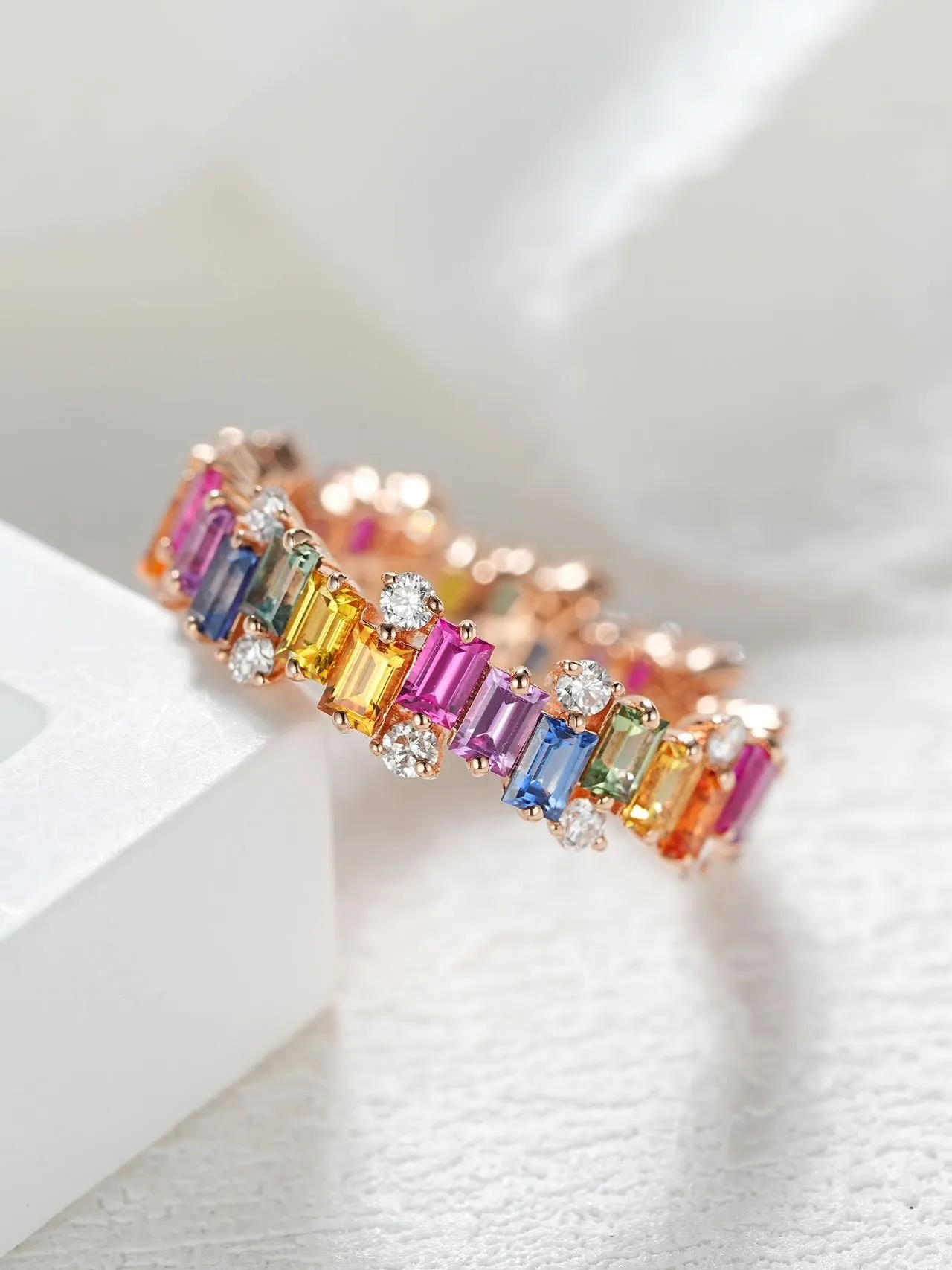 18k Gold Custom Emerald Cut Piano Rainbow Ring