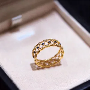 18K Gold Diamond Blue Sapphire Vintage Ring