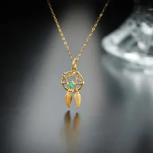 18k Gold Diamond Natural Emerald Sapphire Gemstone Dreamcatcher Pendant Necklace