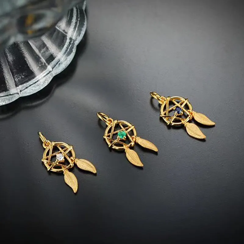 18k Gold Diamond Natural Emerald Sapphire Gemstone Dreamcatcher Pendant Necklace