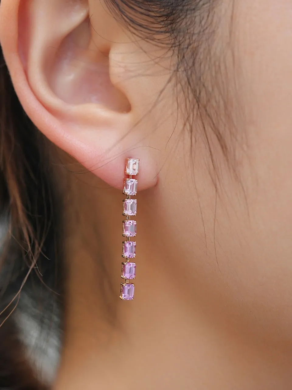 18k Gold Purple Square Radiant Cut Drop Earrings