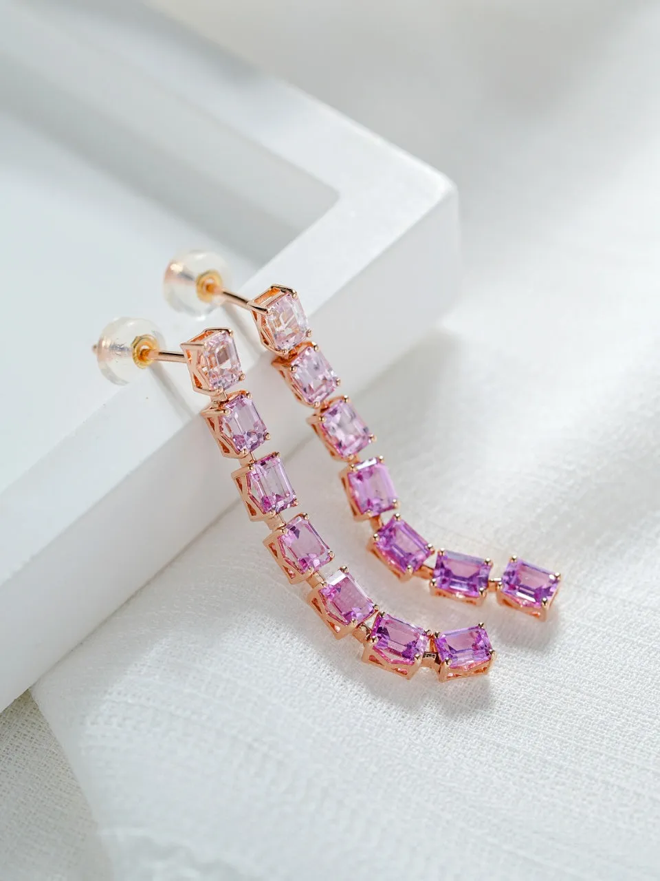 18k Gold Purple Square Radiant Cut Drop Earrings