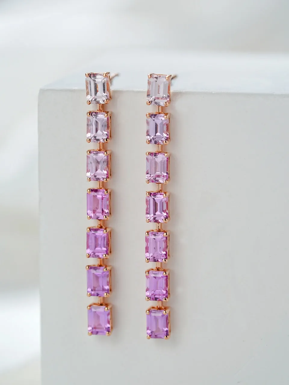 18k Gold Purple Square Radiant Cut Drop Earrings