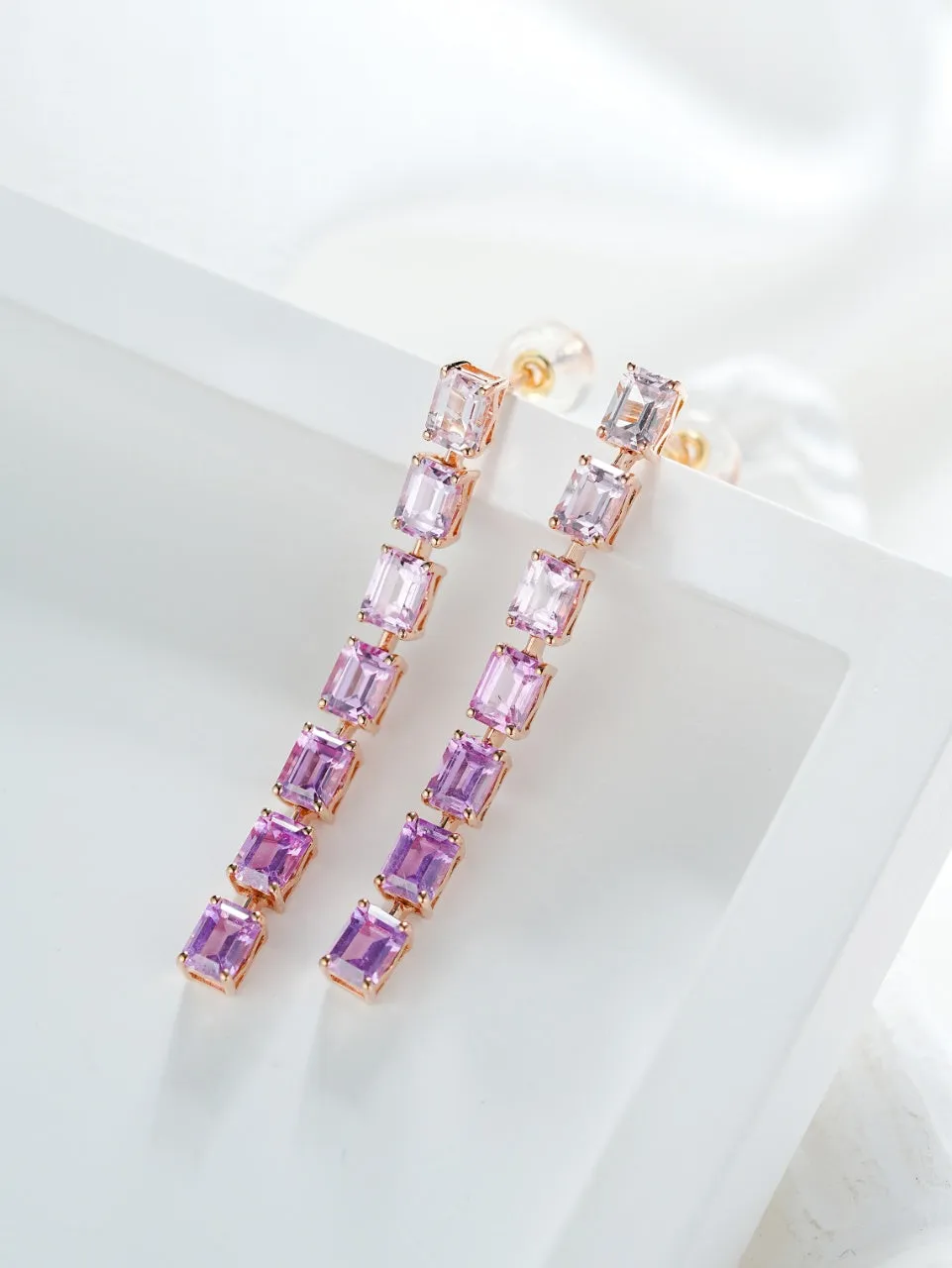 18k Gold Purple Square Radiant Cut Drop Earrings