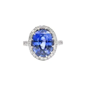 18K White Gold Oval Sri Lankan Sapphire and Round Diamond Halo Ring