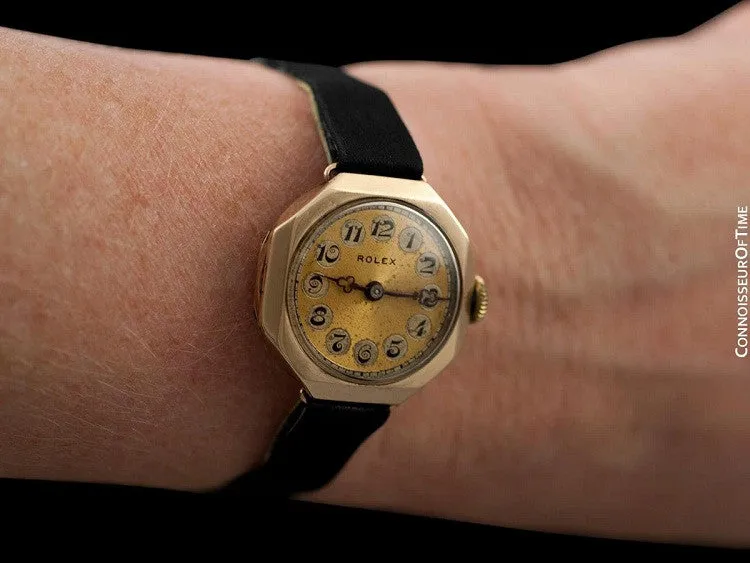 1920's Rolex Ladies Vintage Art Deco Telephone Dial Watch - 9K Gold