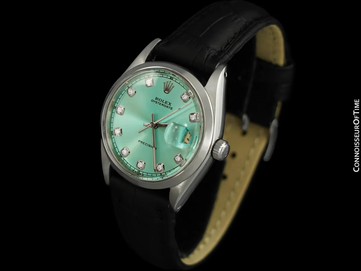 1963 Rolex Oysterdate Mens Vintage Tiffany Blue Dial Watch - Stainless Steel & Diamonds