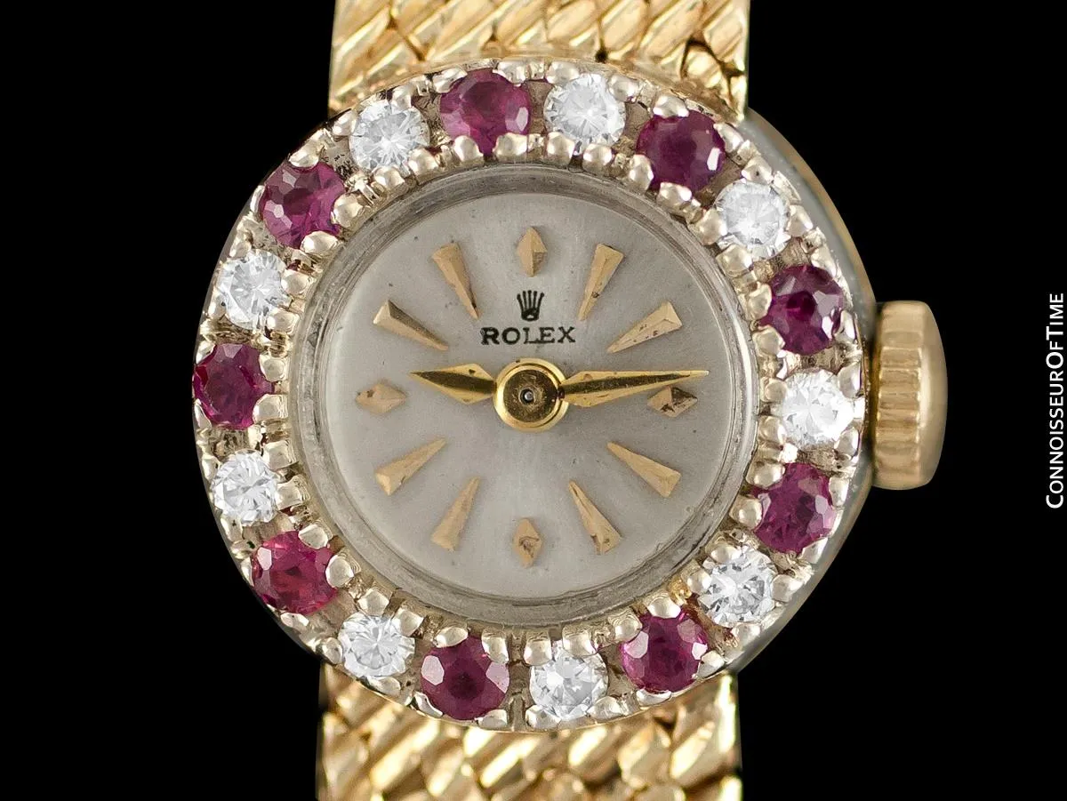 1970's Rolex Vintage Ladies Dress Bracelet Watch - 14K Gold, Diamonds & Rubies