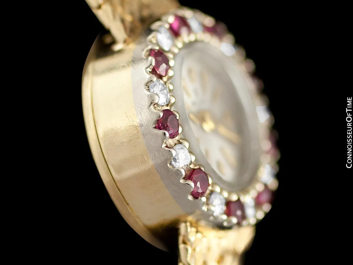 1970's Rolex Vintage Ladies Dress Bracelet Watch - 14K Gold, Diamonds & Rubies