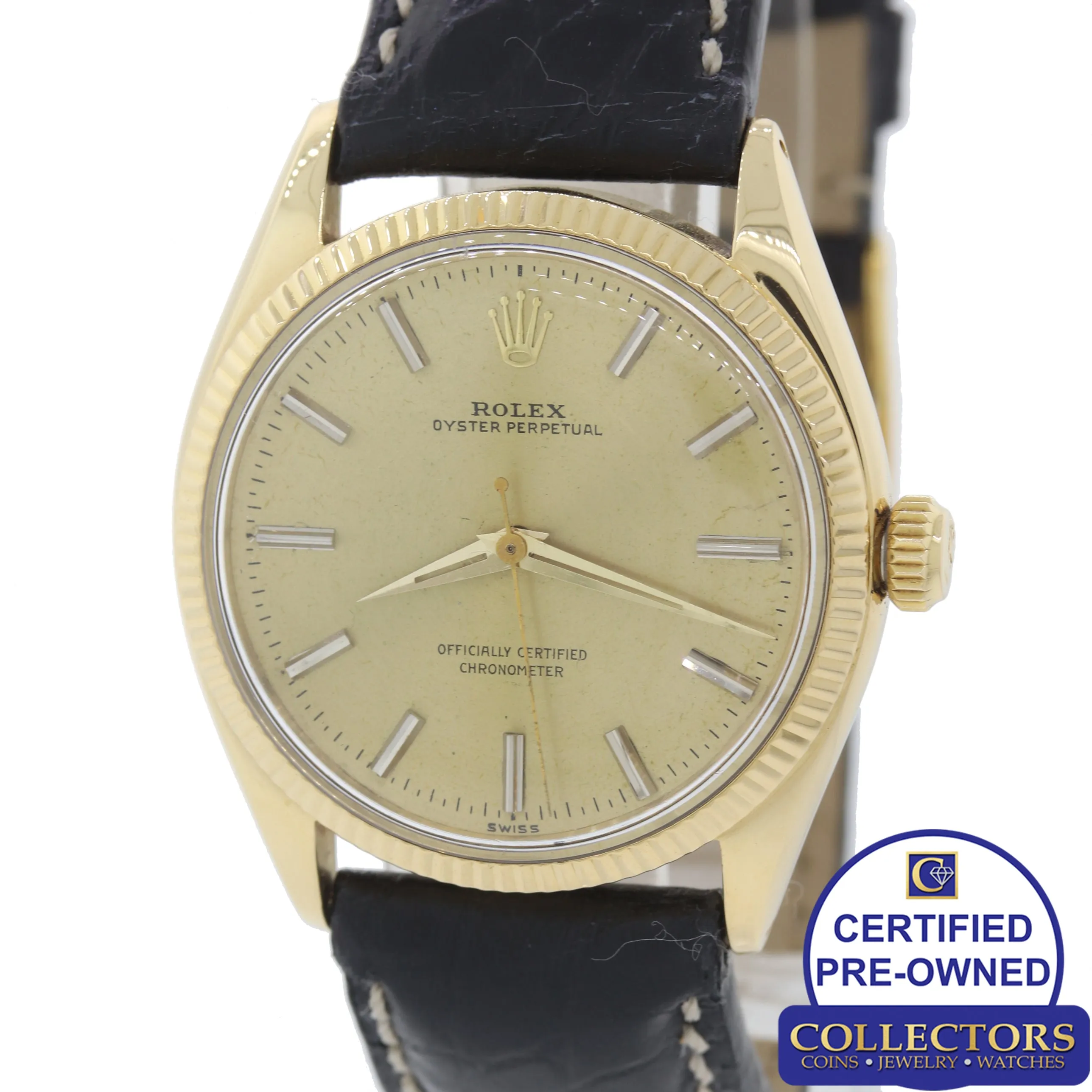 1972 Rolex 14k Yellow Gold Oyster Leather Perpetual Patina 6567 34mm Watch Black