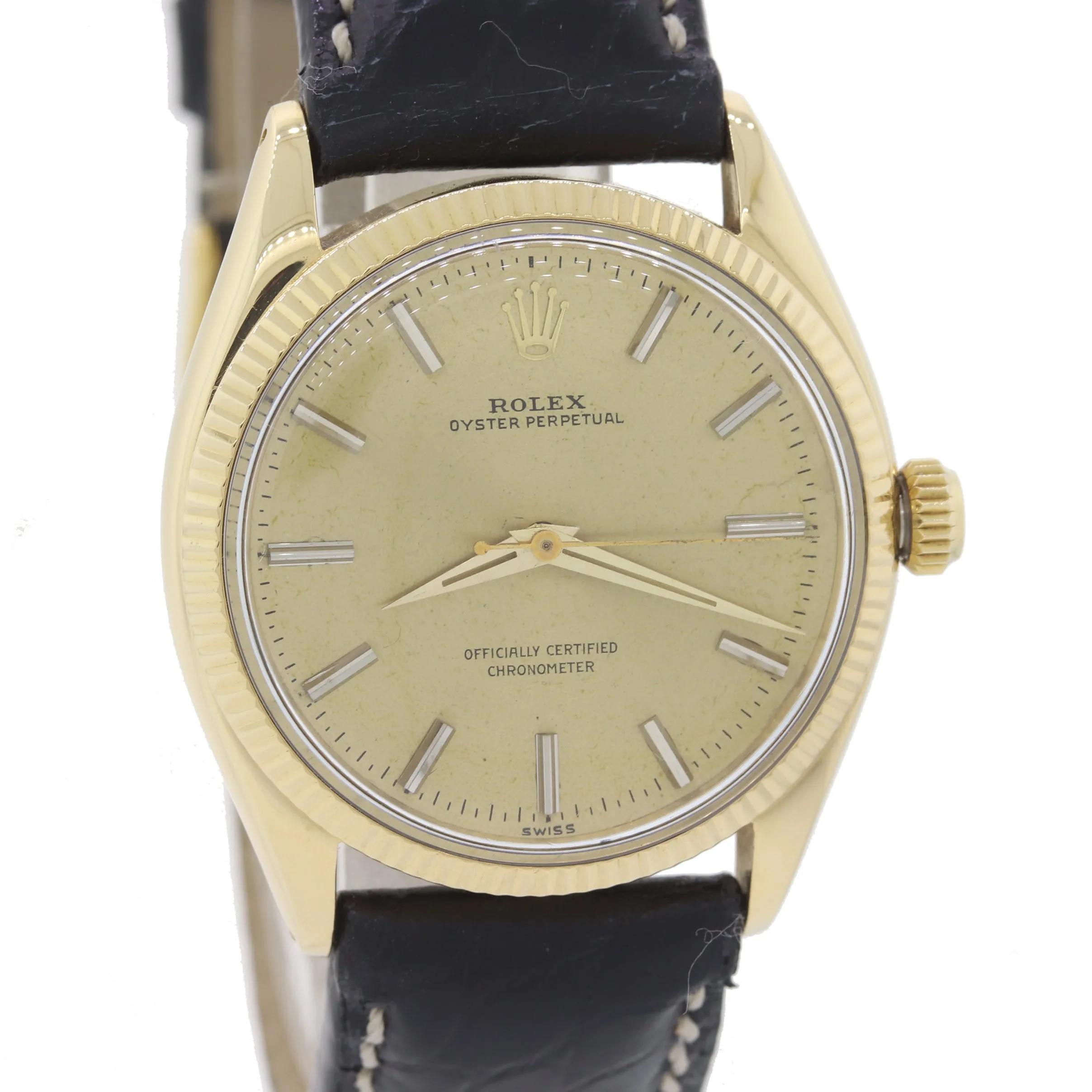 1972 Rolex 14k Yellow Gold Oyster Leather Perpetual Patina 6567 34mm Watch Black