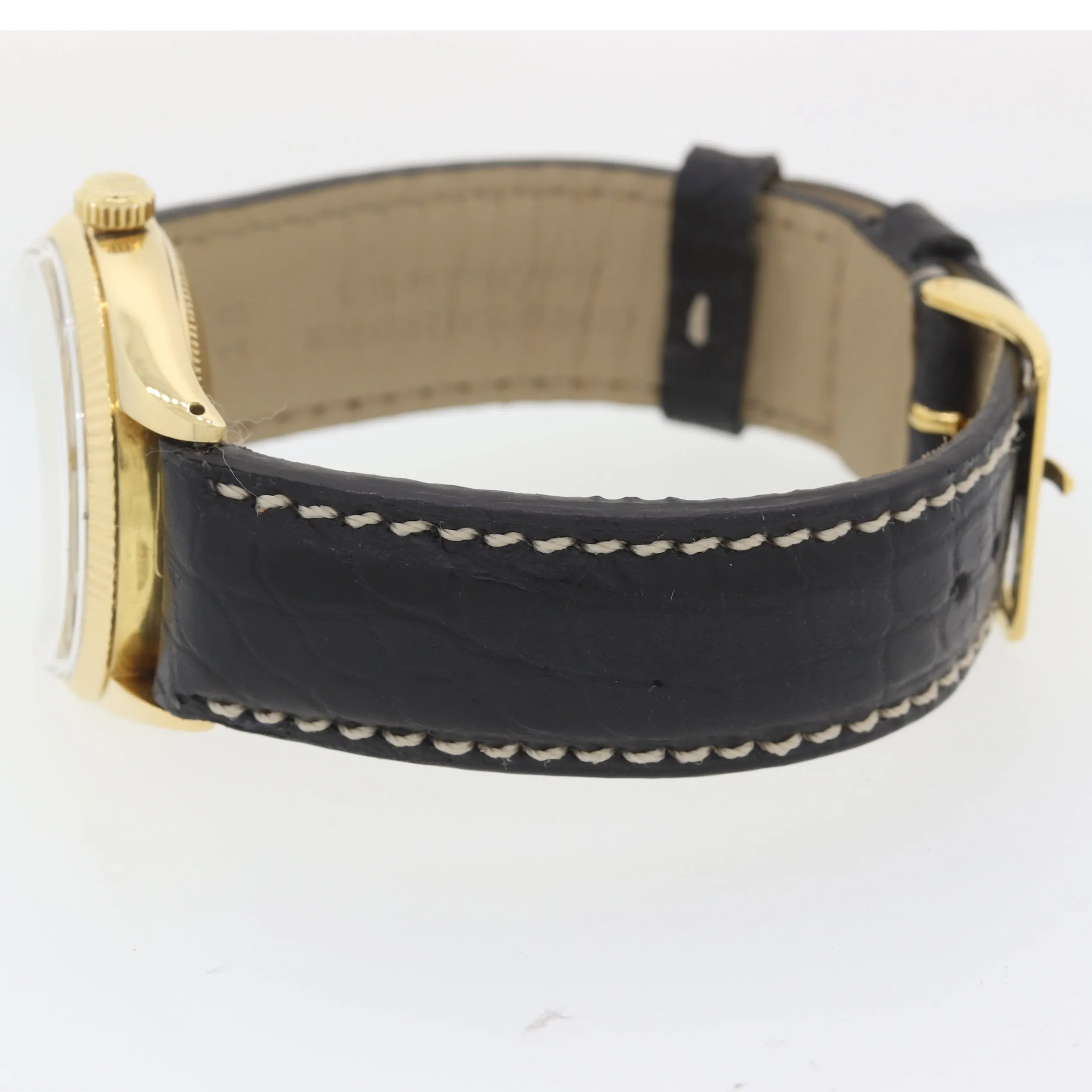 1972 Rolex 14k Yellow Gold Oyster Leather Perpetual Patina 6567 34mm Watch Black