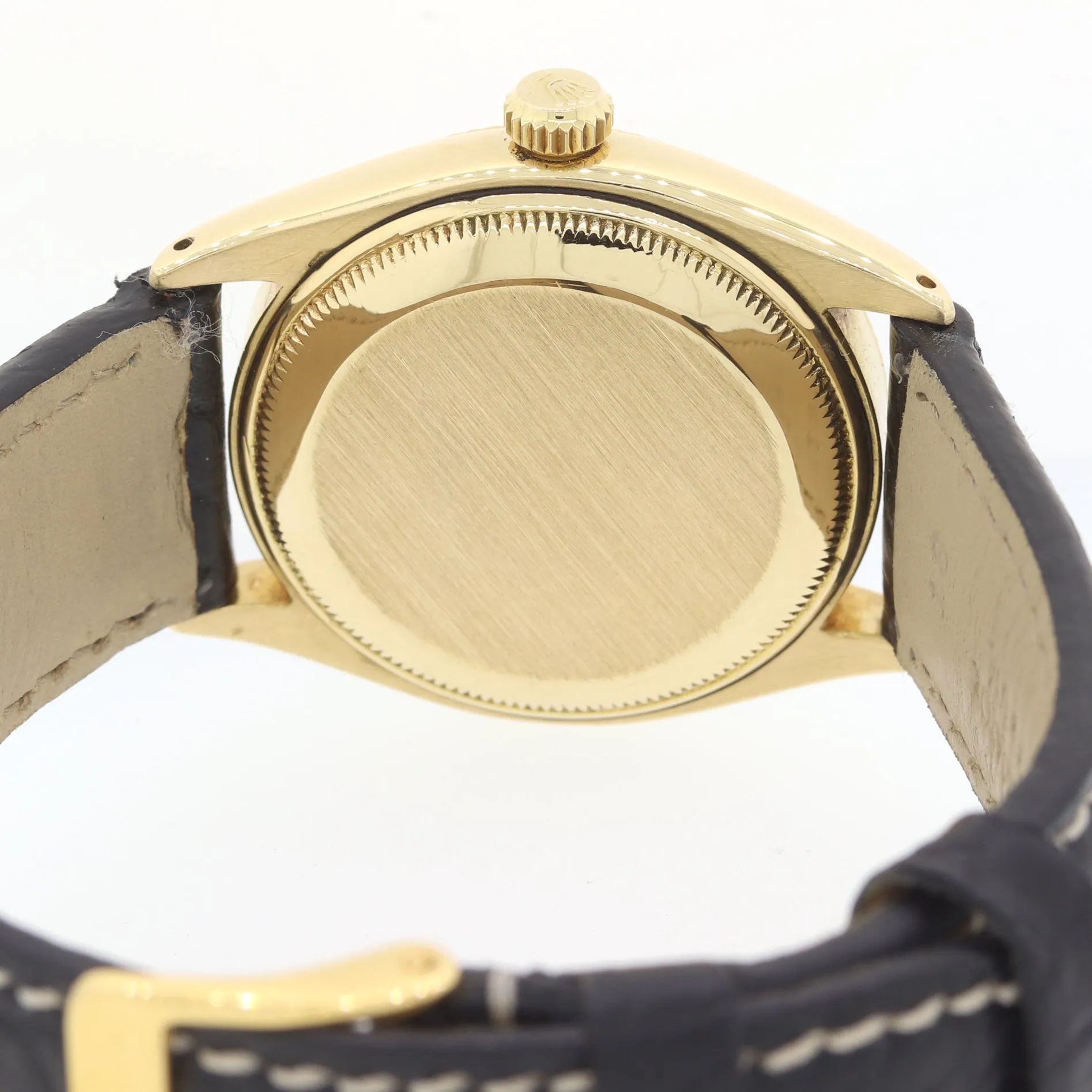 1972 Rolex 14k Yellow Gold Oyster Leather Perpetual Patina 6567 34mm Watch Black