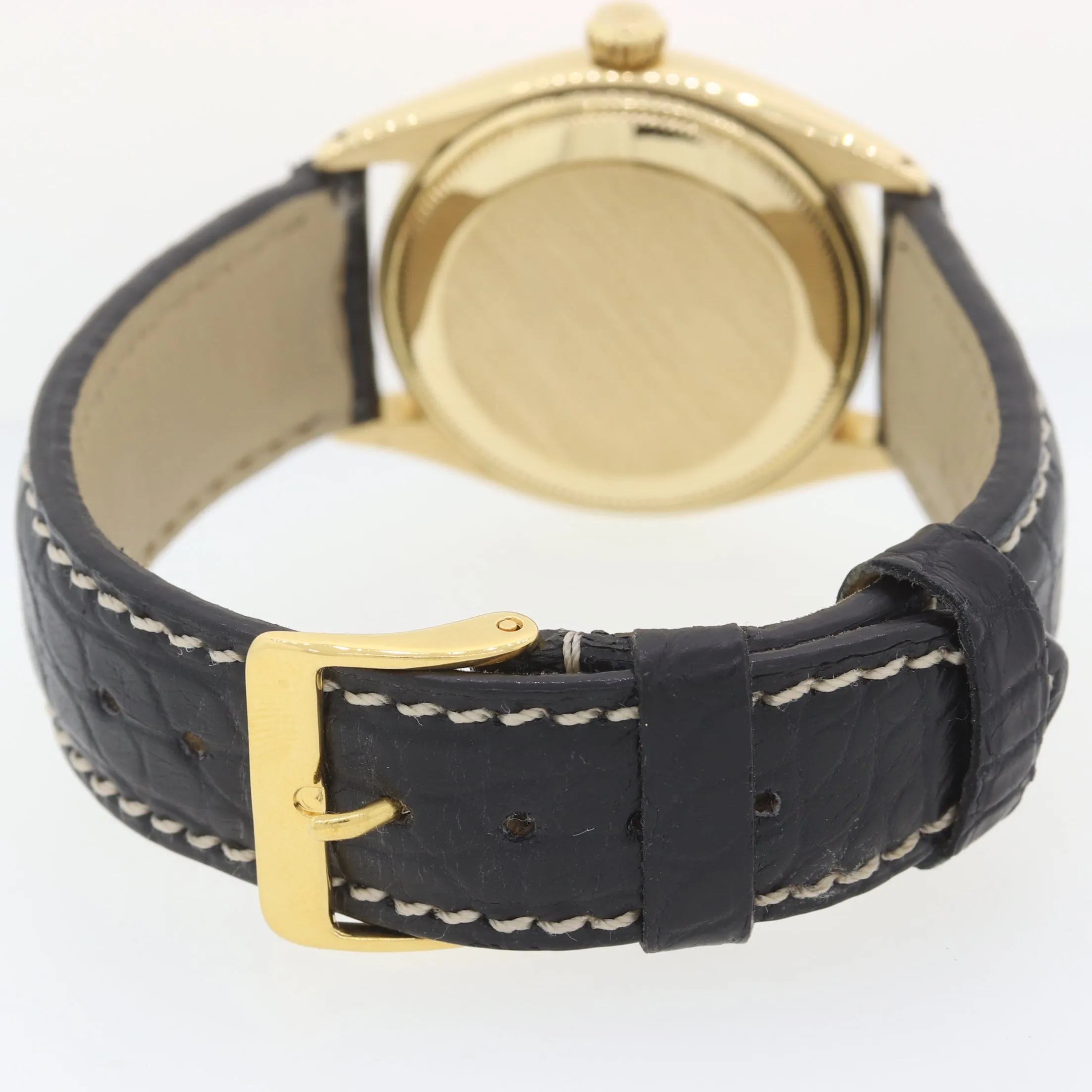 1972 Rolex 14k Yellow Gold Oyster Leather Perpetual Patina 6567 34mm Watch Black
