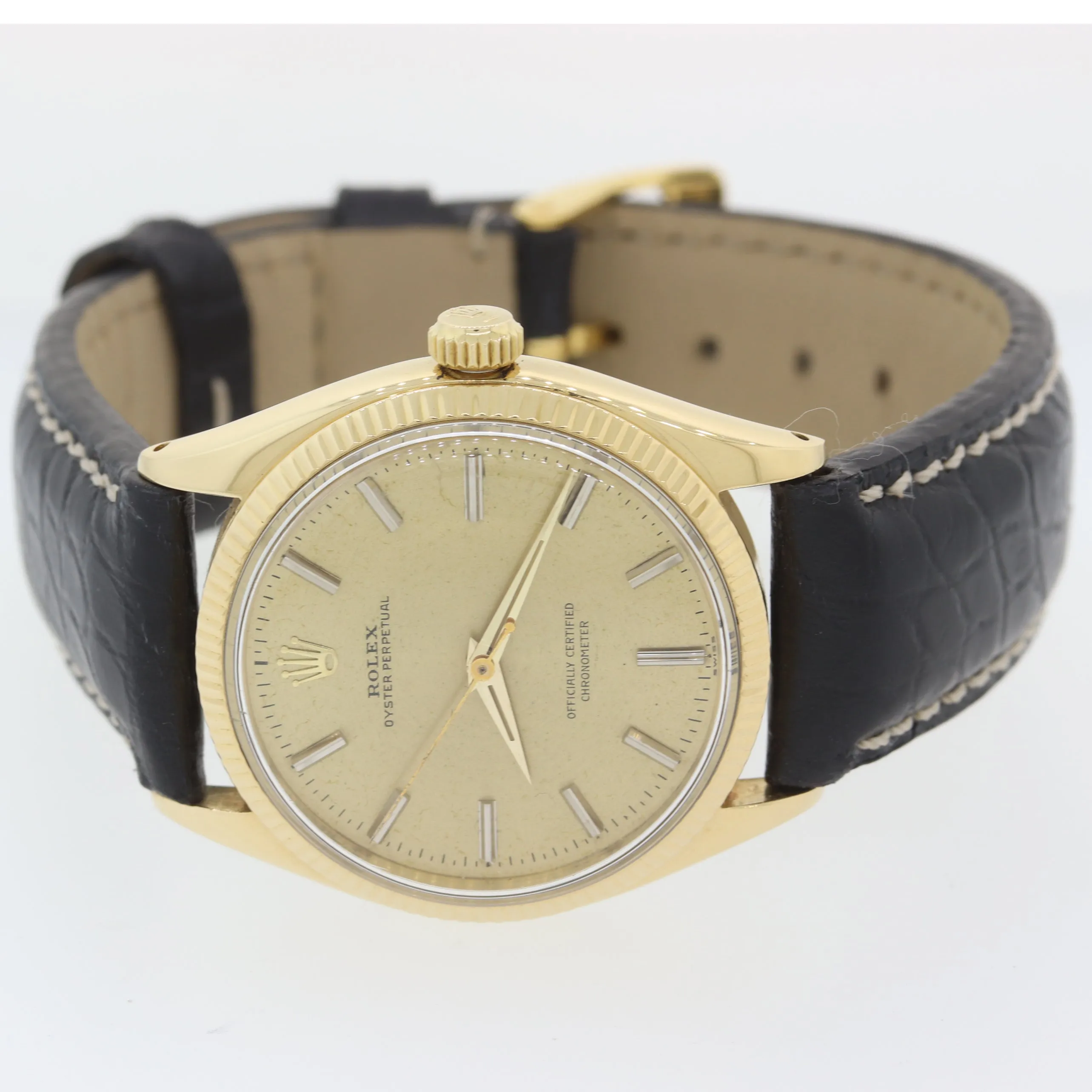 1972 Rolex 14k Yellow Gold Oyster Leather Perpetual Patina 6567 34mm Watch Black