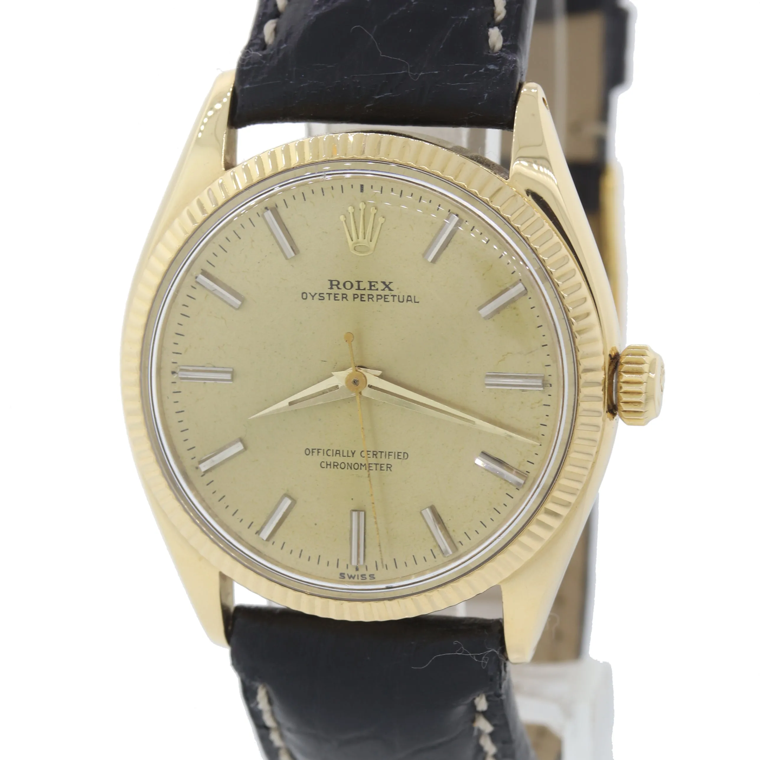 1972 Rolex 14k Yellow Gold Oyster Leather Perpetual Patina 6567 34mm Watch Black
