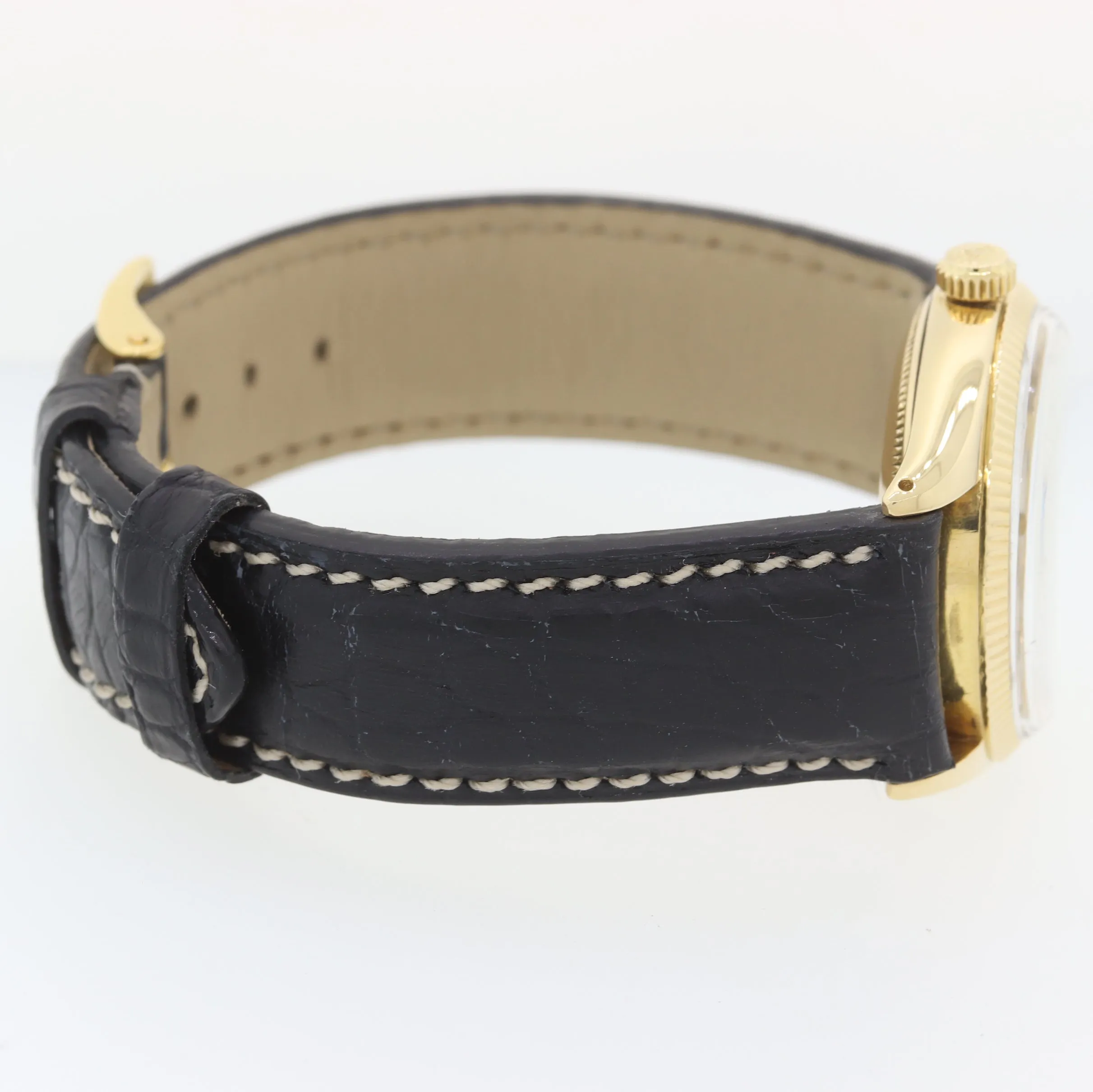 1972 Rolex 14k Yellow Gold Oyster Leather Perpetual Patina 6567 34mm Watch Black