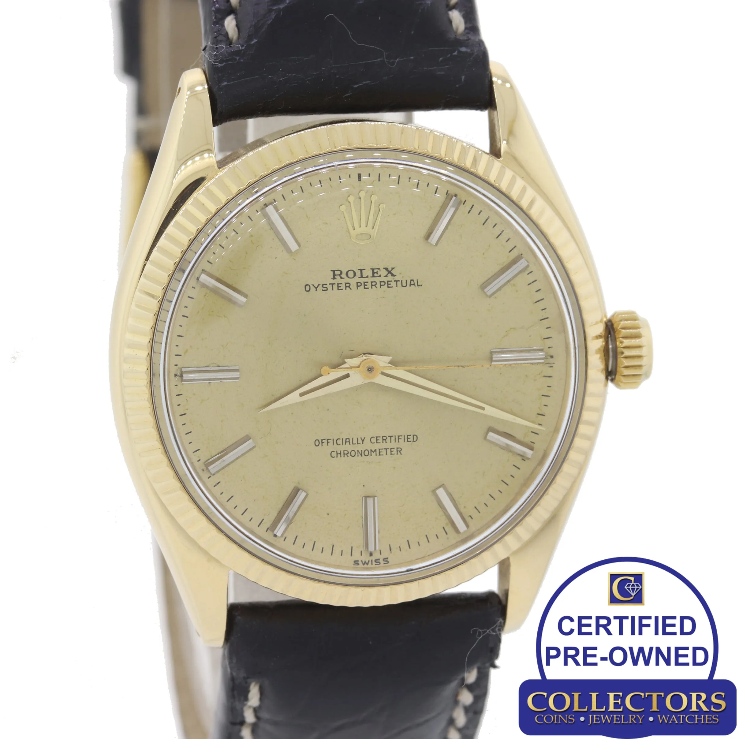 1972 Rolex 14k Yellow Gold Oyster Leather Perpetual Patina 6567 34mm Watch Black