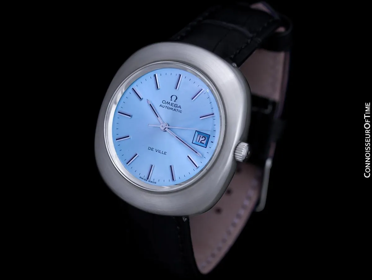 1973 Omega De Ville Vintage Mens Jumbo Automatic Watch with Turquoise Tiffany Blue Dial - Stainless Steel