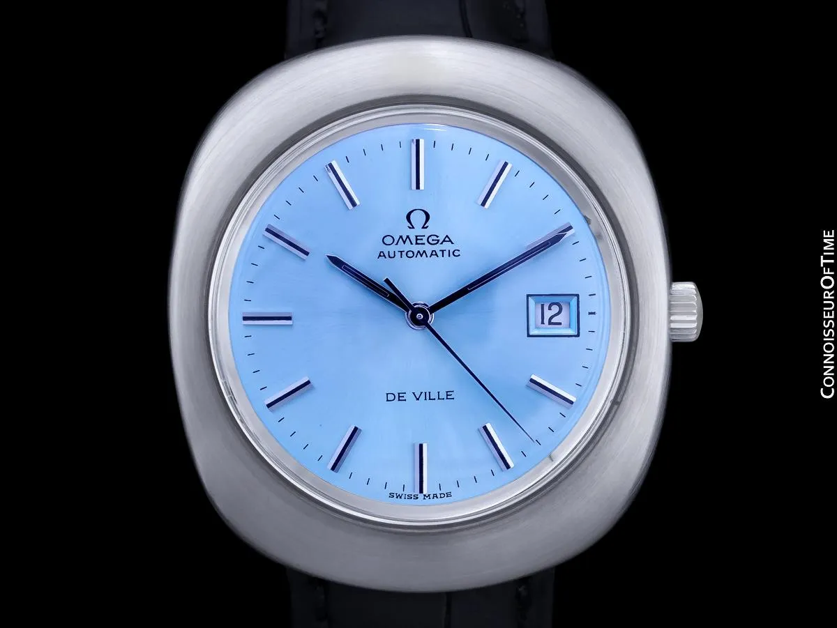 1973 Omega De Ville Vintage Mens Jumbo Automatic Watch with Turquoise Tiffany Blue Dial - Stainless Steel