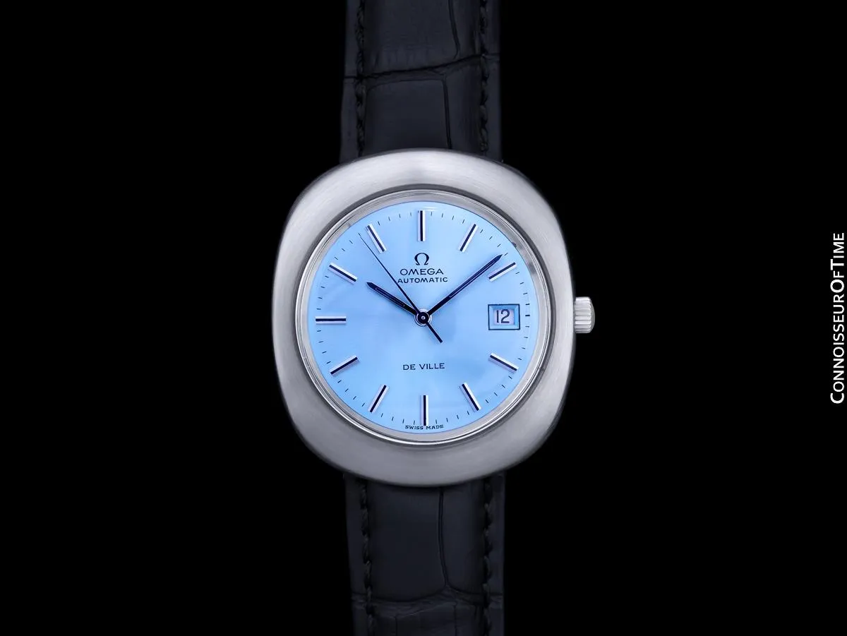 1973 Omega De Ville Vintage Mens Jumbo Automatic Watch with Turquoise Tiffany Blue Dial - Stainless Steel