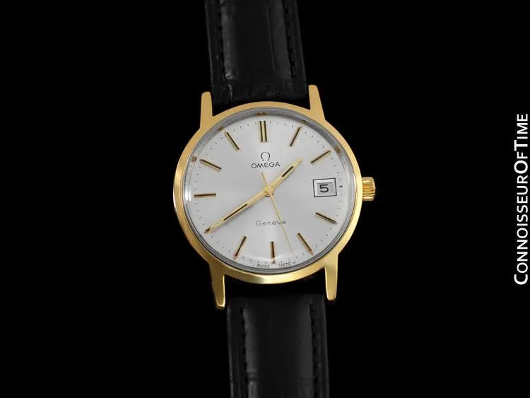 1974 Omega Geneve Vintage Mens Watch, Quick-Setting Date - 18K Gold Plated & Stainless Steel