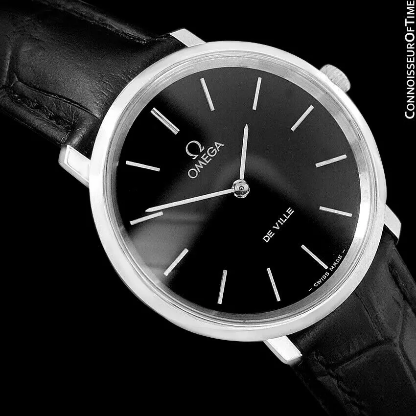 1977 Omega De Ville Vintage Mens Handwound Black Dial Dress Watch - Stainless Steel