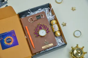 2024 Diwali Combo 1.0 (Classy hard cover diary   classy metal keychain   classic metal pen   Ferrero Rocher   Diya) - Brown