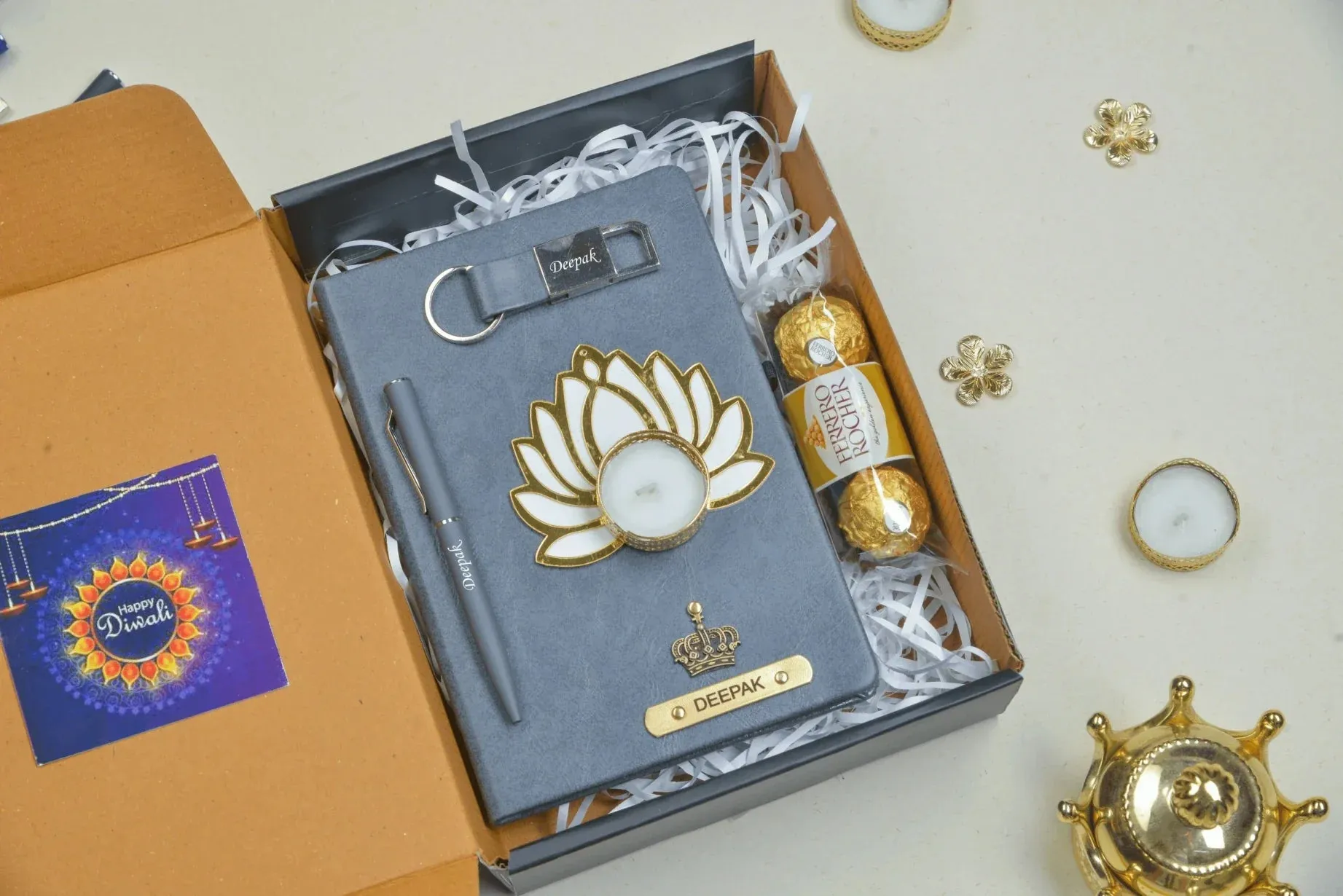 2024 Diwali Combo 1.0 (Classy hard cover diary   classy metal keychain   classic metal pen   Ferrero Rocher   Diya) - Grey