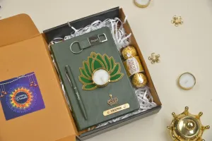 2024 Diwali Combo 1.0 (Classy hard cover diary   classy metal keychain   classic metal pen   Ferrero Rocher   Diya) - Olive Green