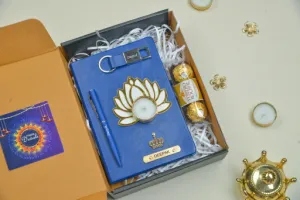 2024 Diwali Combo 1.0 (Classy hard cover diary   classy metal keychain   classic metal pen   Ferrero Rocher   Diya) - Royal Blue