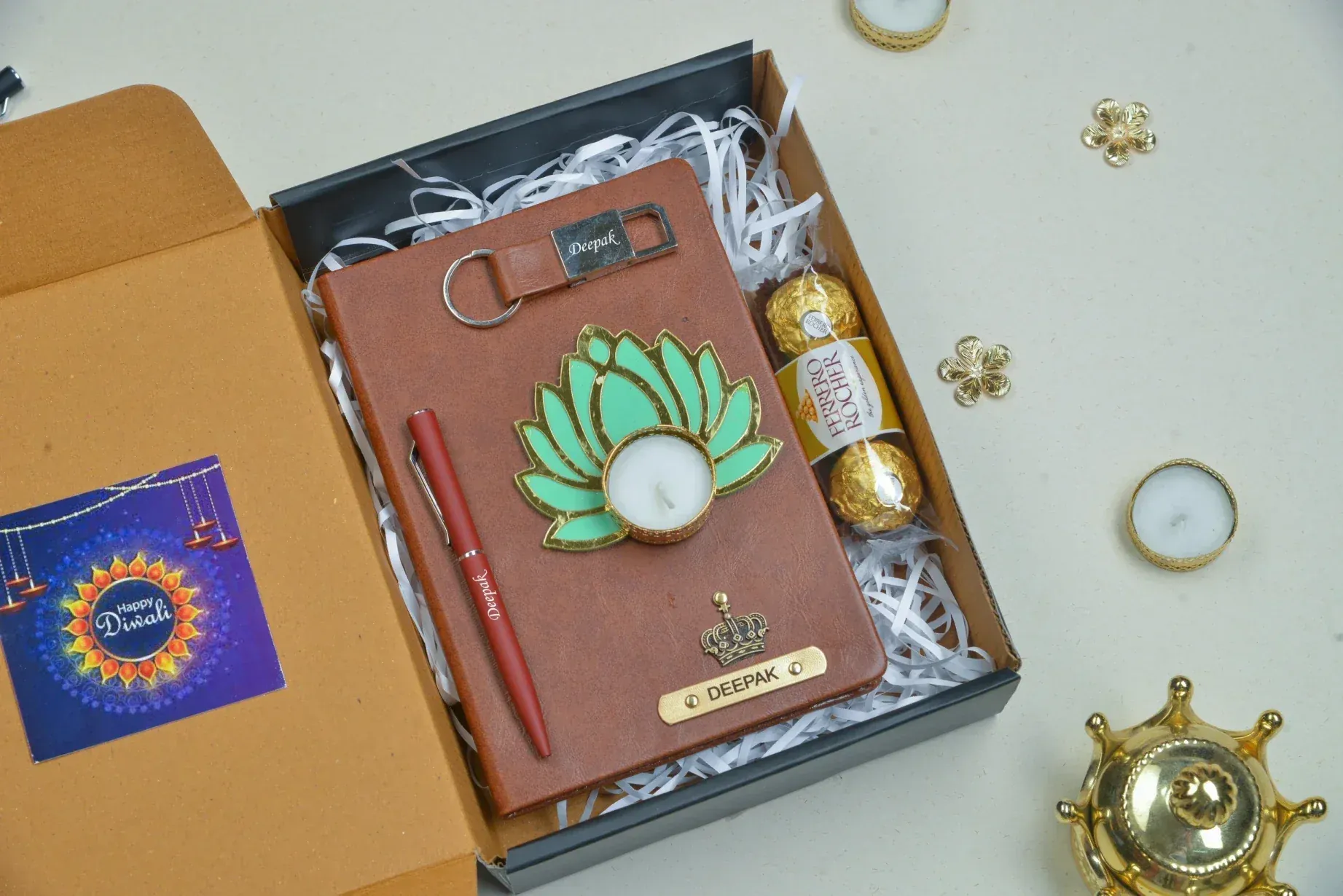 2024 Diwali Combo 1.0 (Classy hard cover diary   classy metal keychain   classic metal pen   Ferrero Rocher   Diya) - Tan