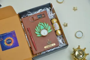2024 Diwali Combo 1.0 (Classy hard cover diary   classy metal keychain   classic metal pen   Ferrero Rocher   Diya) - Tan