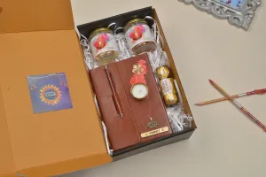 2024 Diwali Combo 4.0 (Diary with Pen   Classy Metal Keychain   Ferrero Rocher   Diya   Dryfruit Jar) - Brown