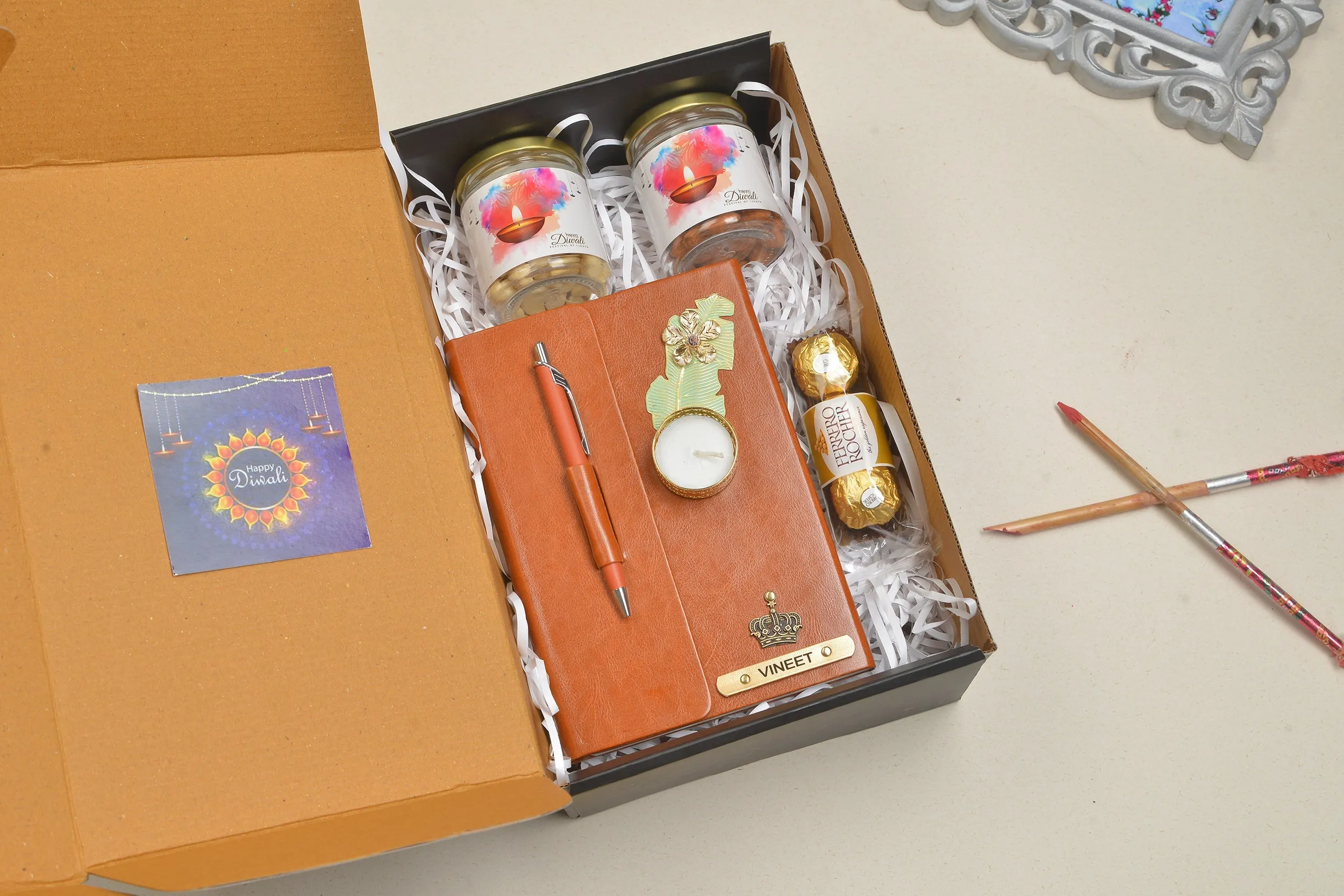 2024 Diwali Combo 4.0 (Diary with Pen   Classy Metal Keychain   Ferrero Rocher   Diya   Dryfruit Jar) Tan