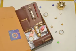 2024 Diwali Combo 5.0 (Classy Hardcover Diary   Faux Leather Keychain with Hook    Faux Leather Passport Cover    Faux Leather Eyewear   Unisex Sleek Wallet   Ferrero Rocher   Diya   Dryfruit Jar  Classic Metal Pen) - Brown