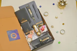2024 Diwali Combo 5.0 (Classy Hardcover Diary   Faux Leather Keychain with Hook    Faux Leather Passport Cover    Faux Leather Eyewear   Unisex Sleek Wallet   Ferrero Rocher   Diya   Dryfruit Jar  Classic Metal Pen) - Grey