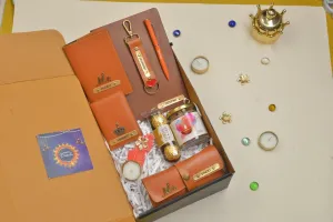 2024 Diwali Combo 5.0 (Classy Hardcover Diary   Faux Leather Keychain with Hook    Faux Leather Passport Cover    Faux Leather Eyewear   Unisex Sleek Wallet   Ferrero Rocher   Diya   Dryfruit Jar  Classic Metal Pen) - Tan