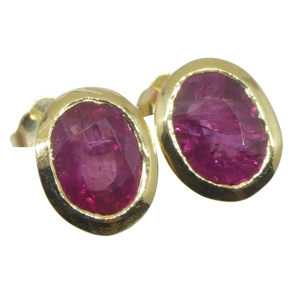 2.17ct Oval Red Ruby Stud Earrings set in 14k Yellow Gold