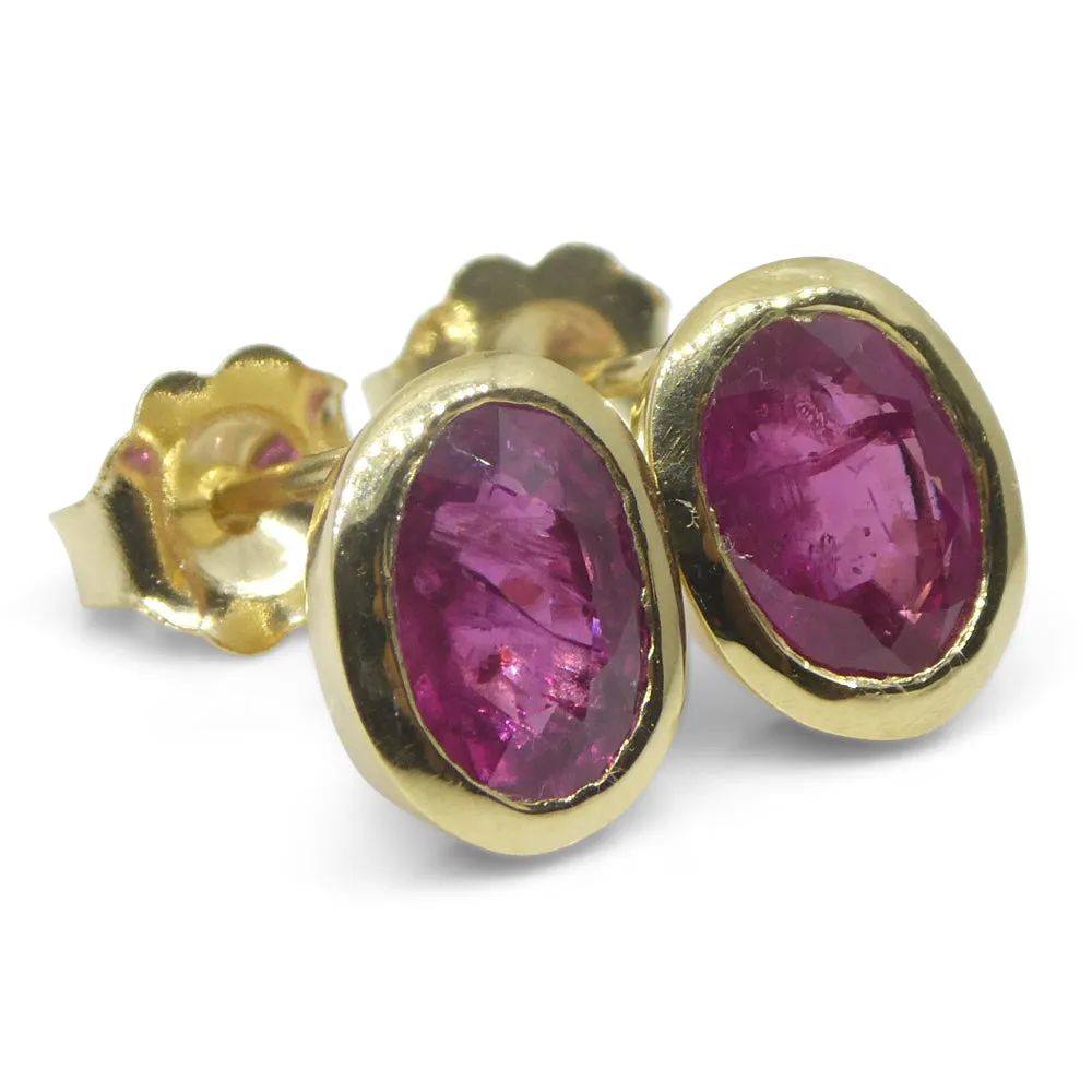 2.17ct Oval Red Ruby Stud Earrings set in 14k Yellow Gold