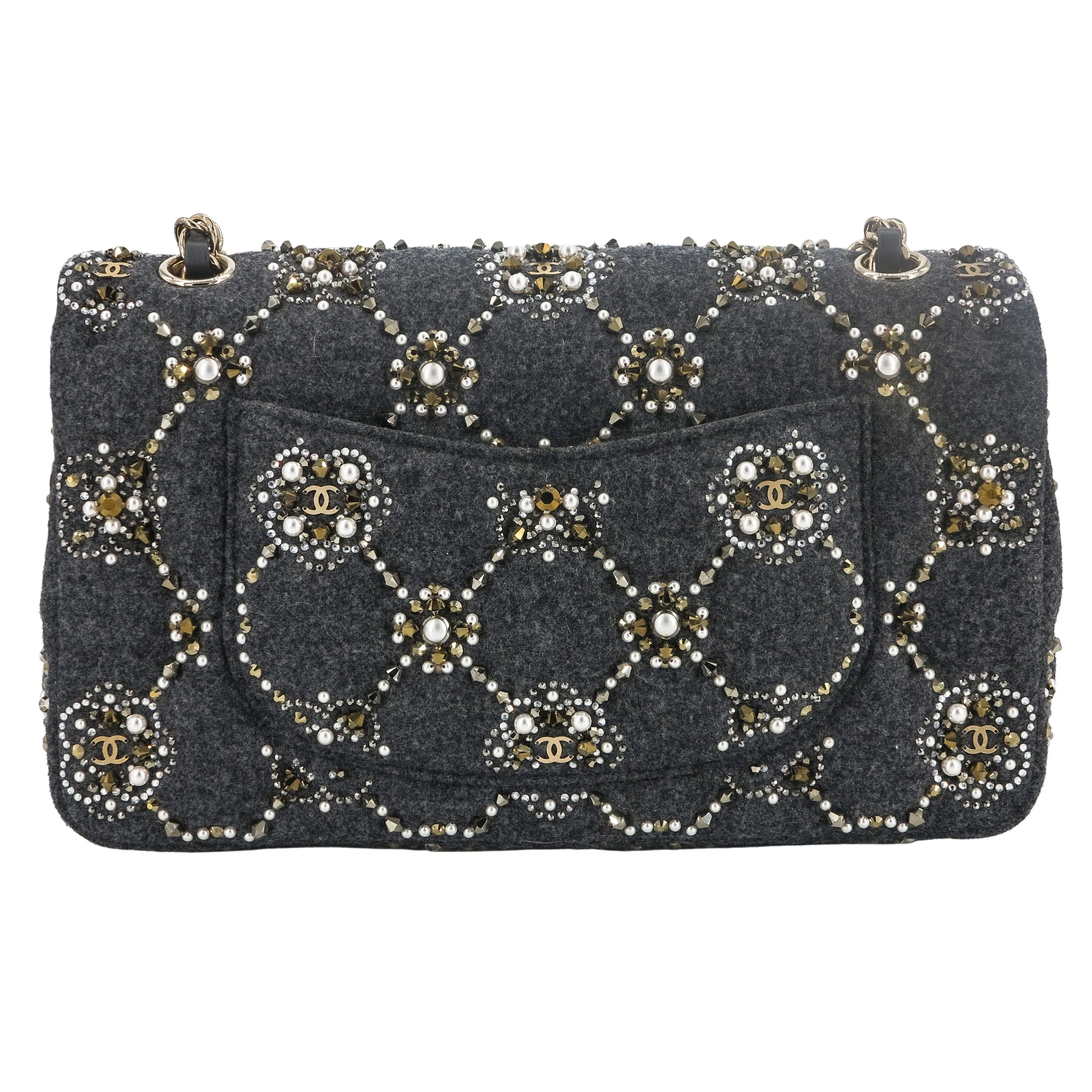 21A Pearl Strass Crystal CC Medium Classic Double Flap Bag in Grey Wool Twill