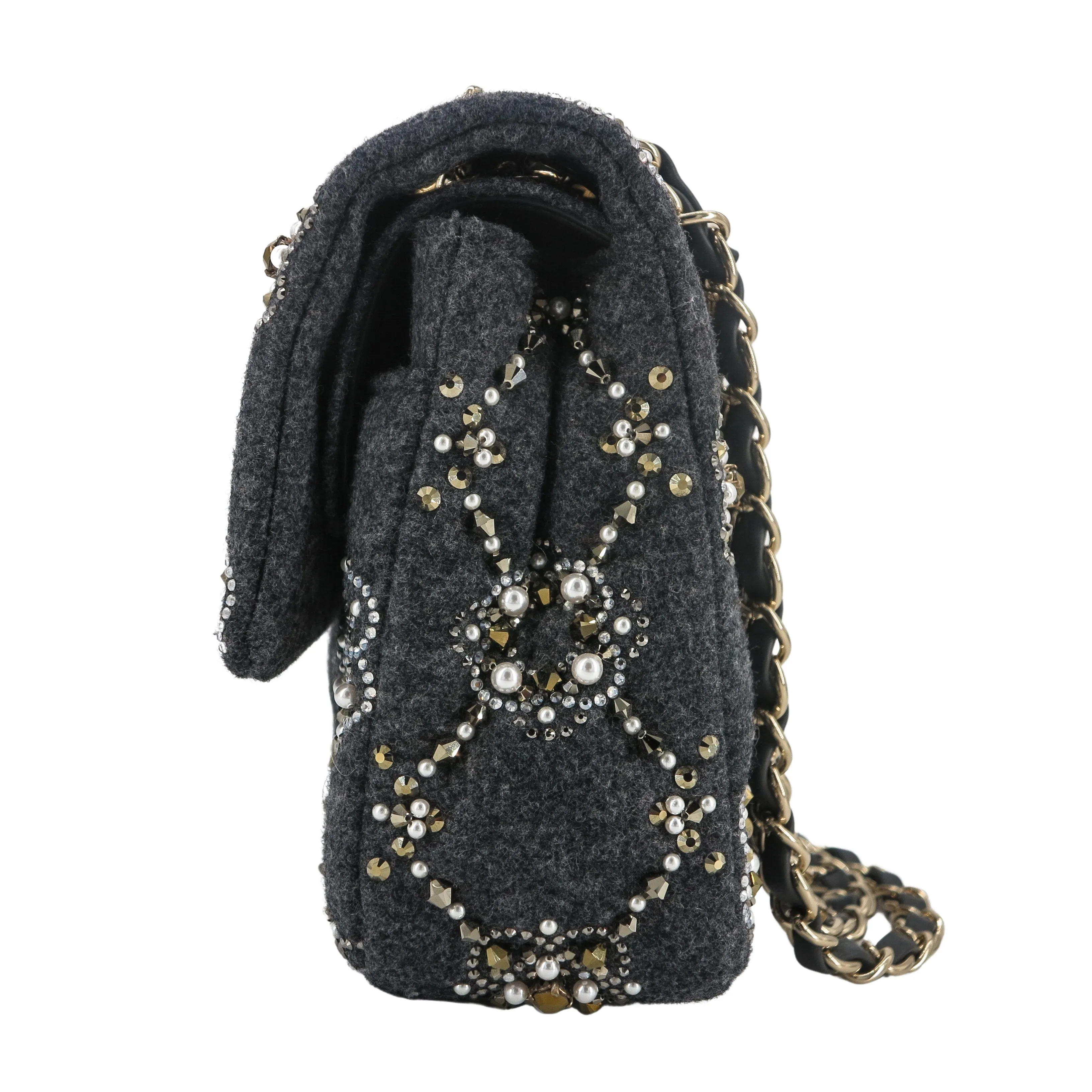 21A Pearl Strass Crystal CC Medium Classic Double Flap Bag in Grey Wool Twill