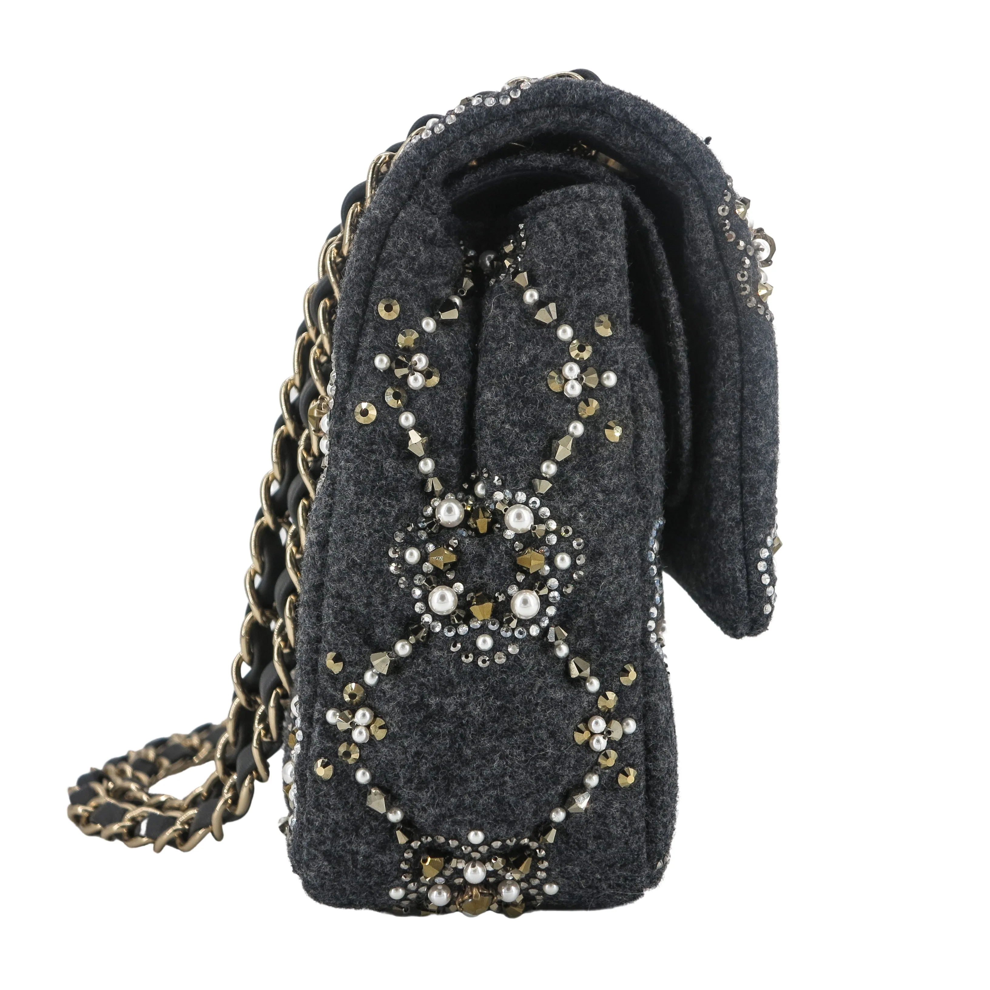 21A Pearl Strass Crystal CC Medium Classic Double Flap Bag in Grey Wool Twill