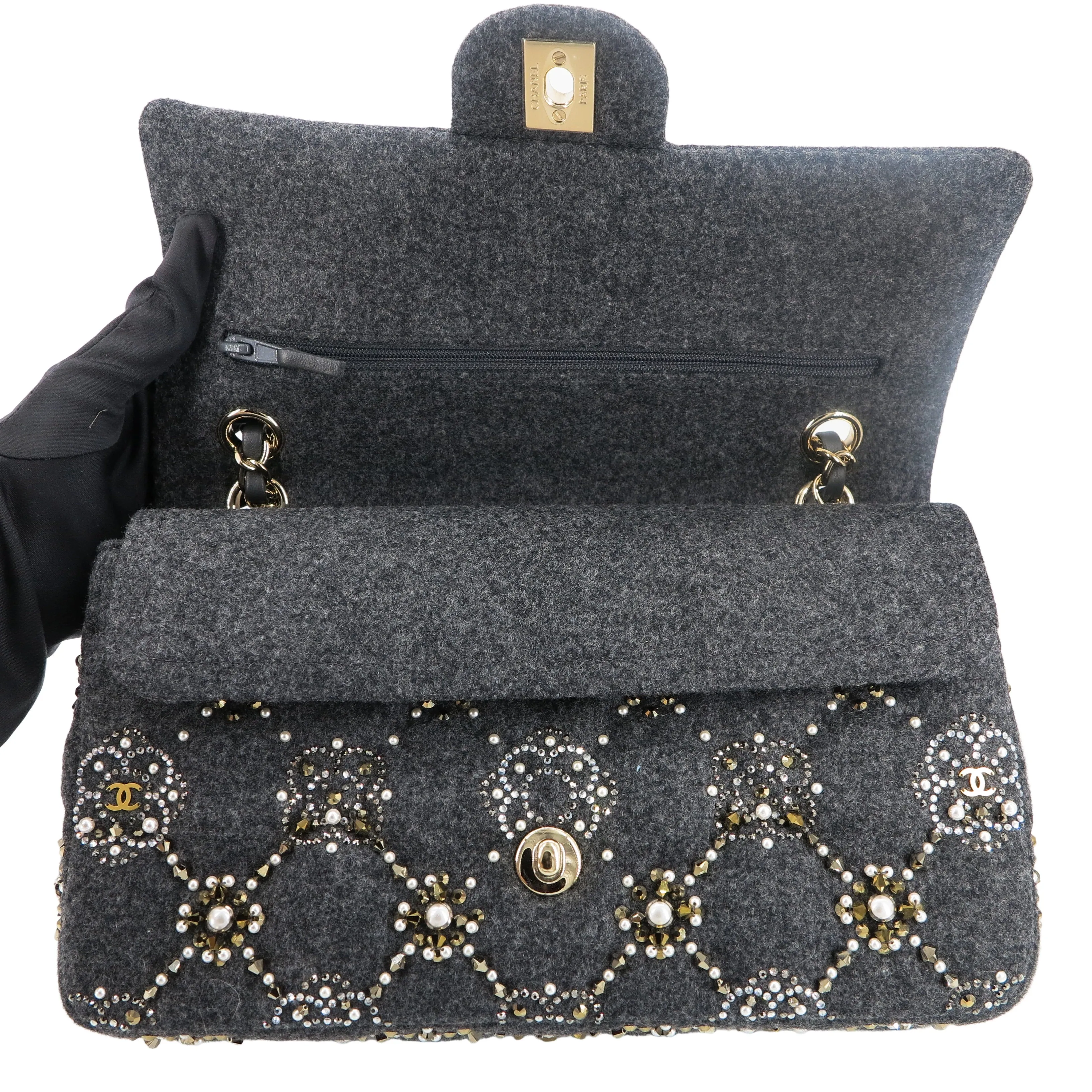 21A Pearl Strass Crystal CC Medium Classic Double Flap Bag in Grey Wool Twill