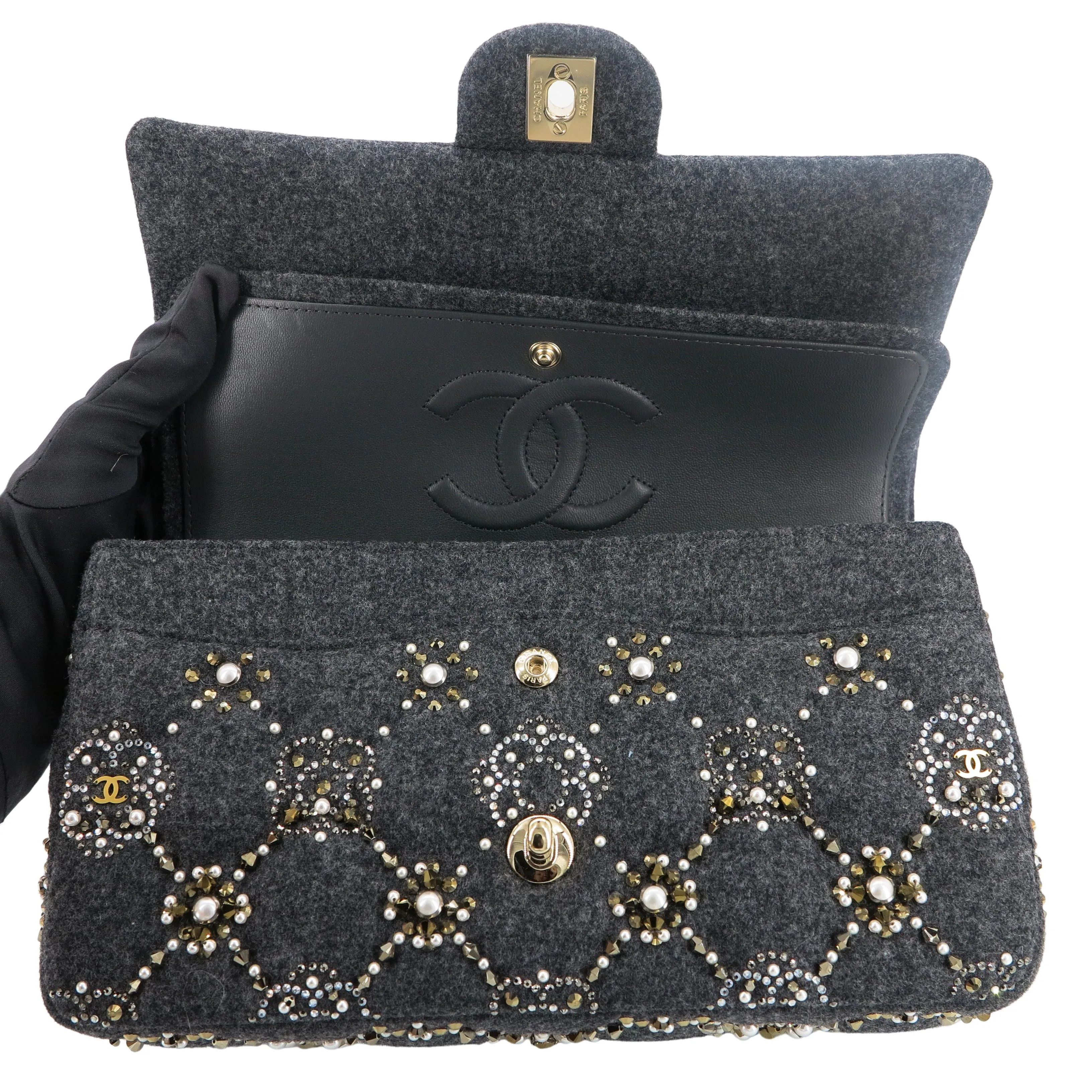 21A Pearl Strass Crystal CC Medium Classic Double Flap Bag in Grey Wool Twill