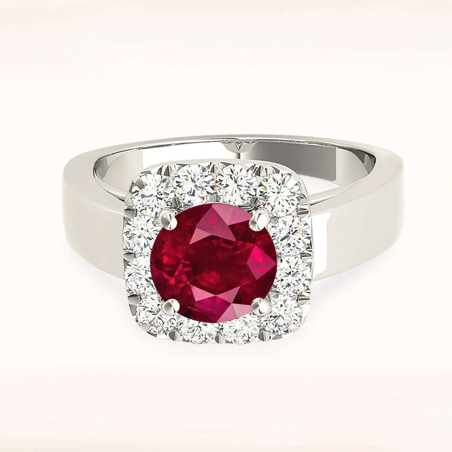 2.35 ct. Genuine Ruby Ring With Cushion Halo and Solid Gold Solitaire Band