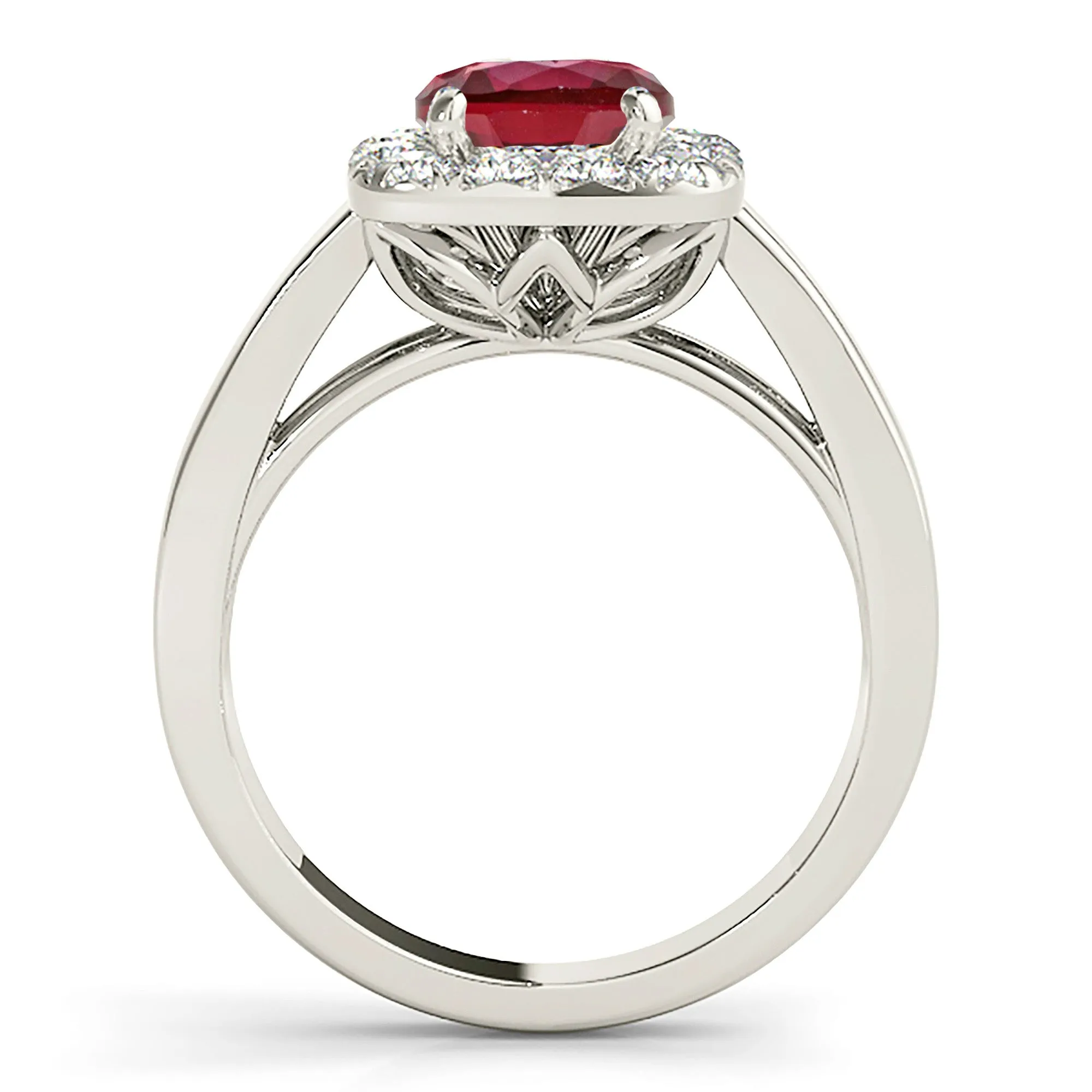 2.35 ct. Genuine Ruby Ring With Cushion Halo and Solid Gold Solitaire Band
